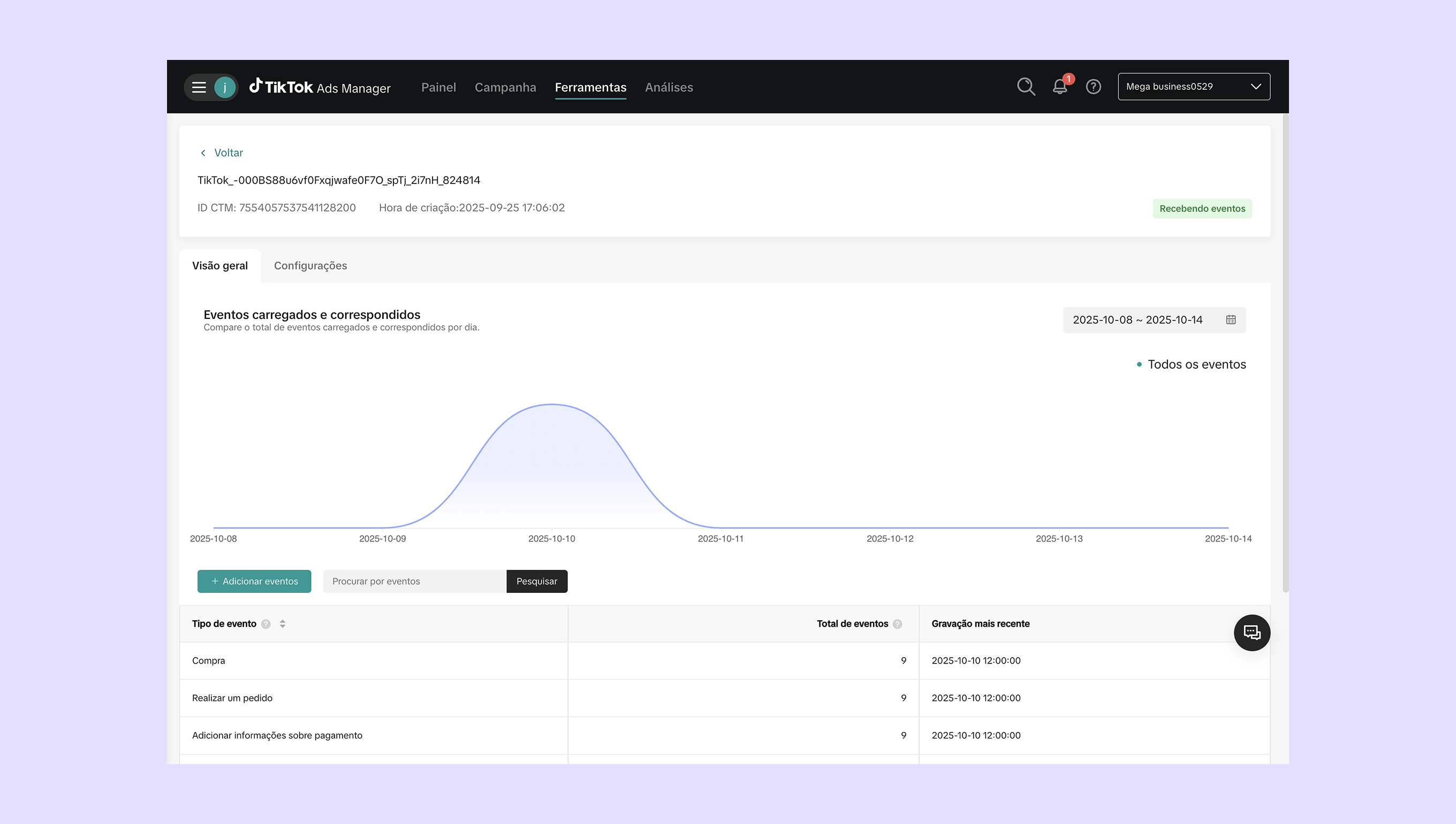 Overview of TikTok Ads Manager showing event data and configurations for analysis.